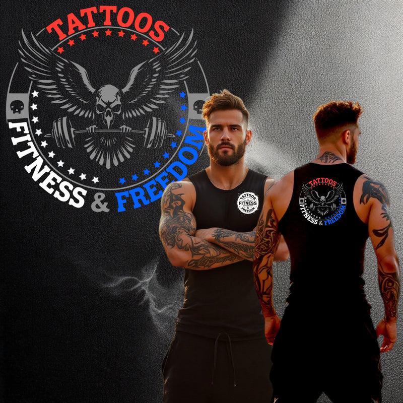 Skull Eagle With a Barbell and Red, white and Blue Logo. - TATTOOS FITNESS & FREEDOM LLC