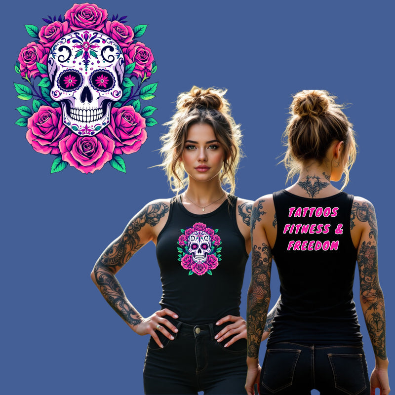 Women's Sugar Skull With Roses. - TATTOOS FITNESS & FREEDOM LLC