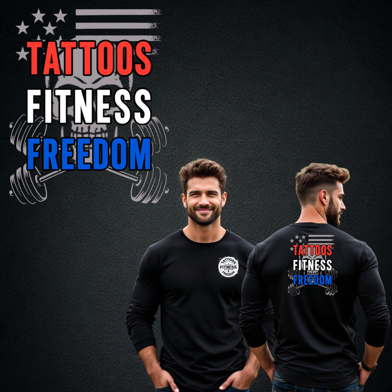 Model wearing a black long-sleeve shirt featuring 'Tattoos Fitness Freedom' graphics and a weightlifting emblem.