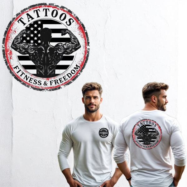 Tattooed Guy Flexing With The American Flag. - TATTOOS FITNESS & FREEDOM LLC
