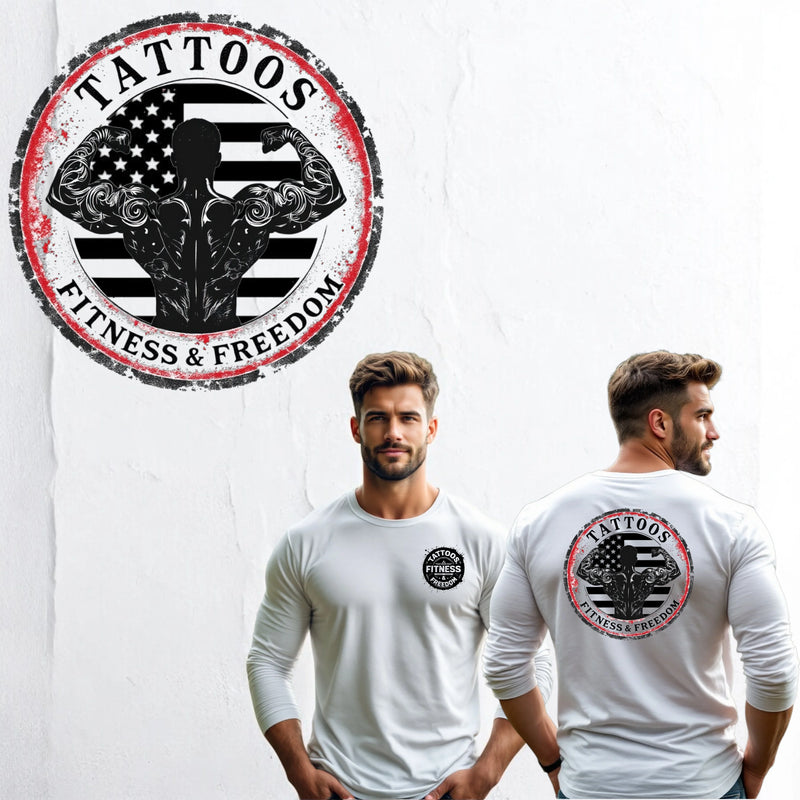 Tattooed Guy Flexing With The American Flag. - TATTOOS FITNESS & FREEDOM LLC