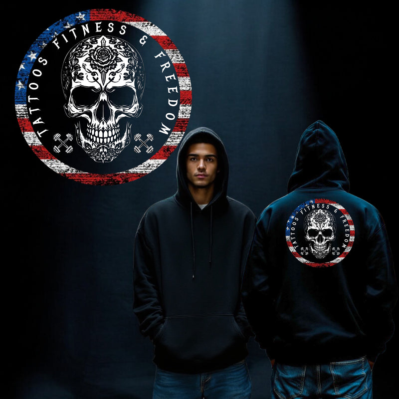 Sugar Skull With an American Flag Circle and Dumbbells. - TATTOOS FITNESS & FREEDOM LLC