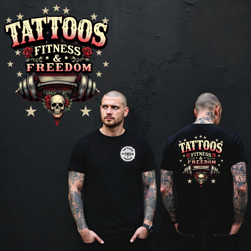 American Flag With A Barbell and a Skull. - TATTOOS FITNESS & FREEDOM LLC