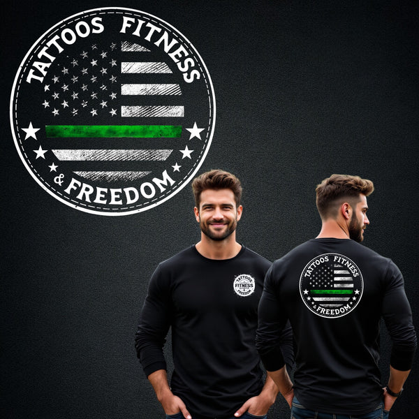 Black long sleeve shirt featuring a patriotic design with a green stripe symbolizing the thin green line.