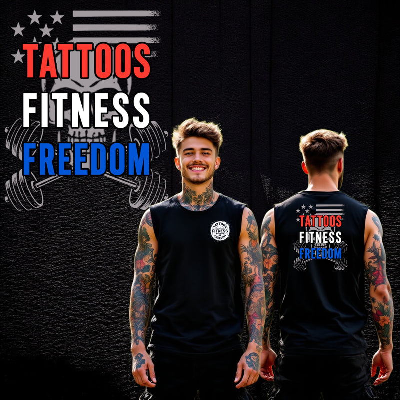 Man modeling a sleeveless black shirt with tattoos, featuring the text 'Tattoos Fitness Freedom' in bold colors.