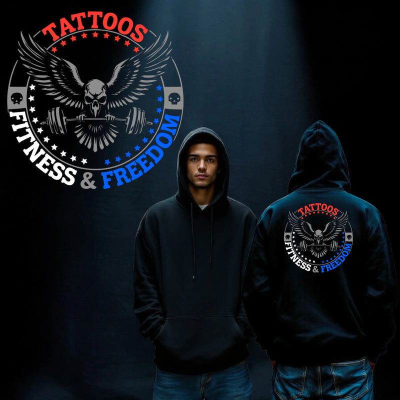 Skull Eagle With a Barbell and Red, white and Blue Logo. - TATTOOS FITNESS & FREEDOM LLC