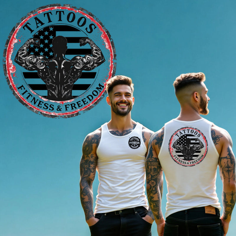 Tattooed Guy Flexing With The American Flag. - TATTOOS FITNESS & FREEDOM LLC
