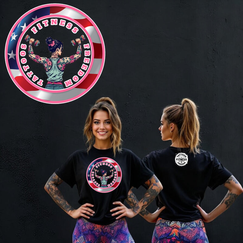 Women's Shoulder Press Girl With an American Flag. - TATTOOS FITNESS & FREEDOM LLC