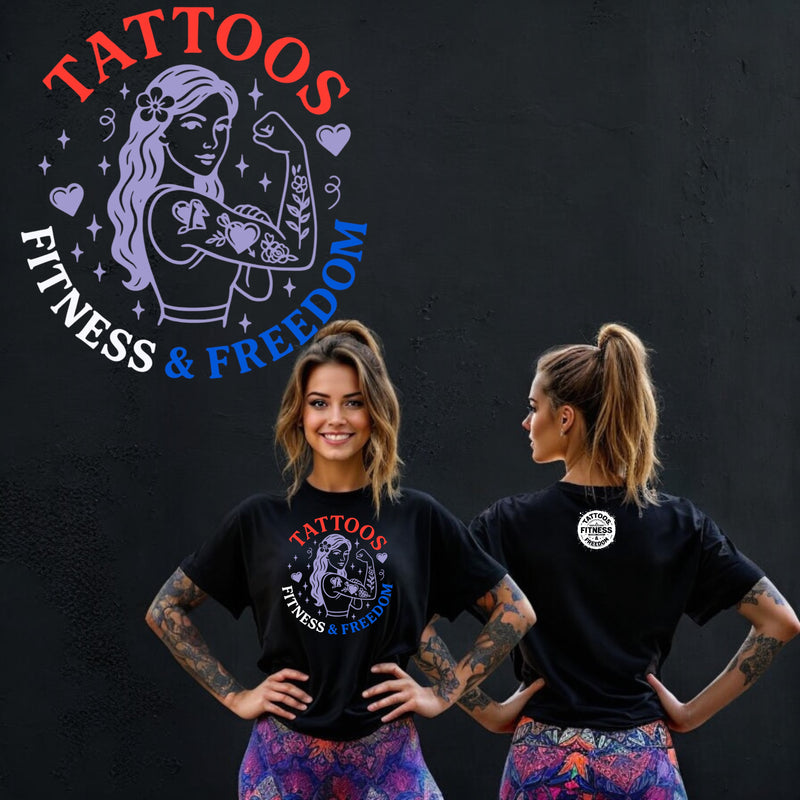 Young woman wearing a black tattoo-themed fitness shirt, showcasing fitness and freedom, with colorful leggings.