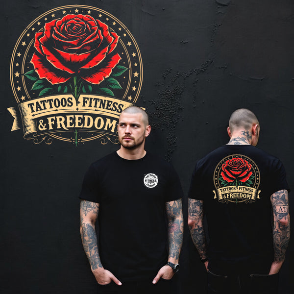 Large Rose With a Tattoos Fitness & Freedom Banner. - TATTOOS FITNESS & FREEDOM LLC