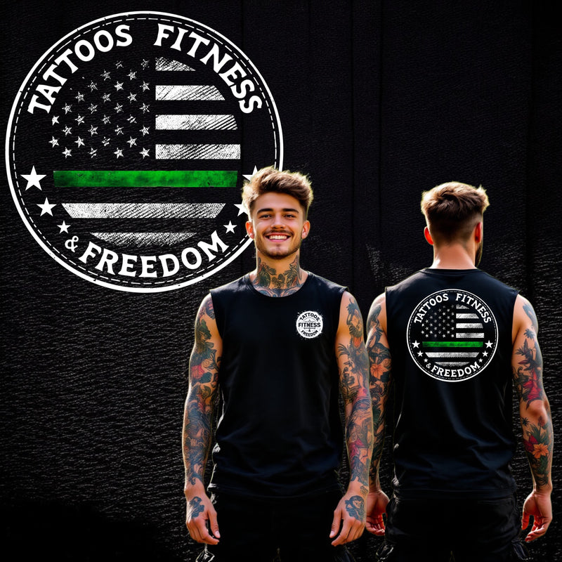 Man wearing a sleeveless shirt with a green line symbolizing support for those on the thin green line.