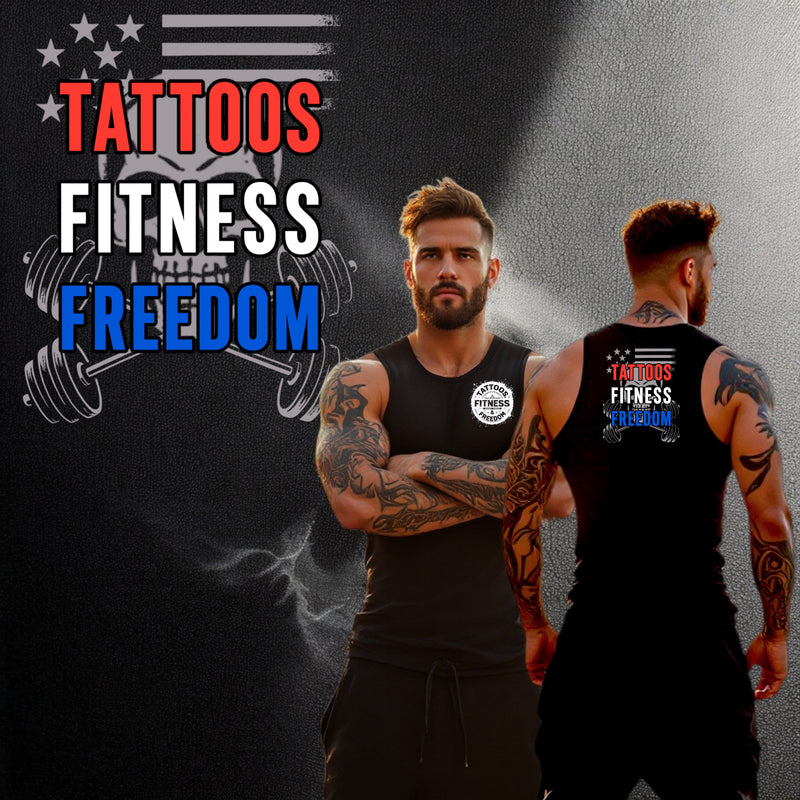 Man wearing a tank top with tattoos, showcasing a fitness-themed design that emphasizes tattoos, fitness, and freedom.