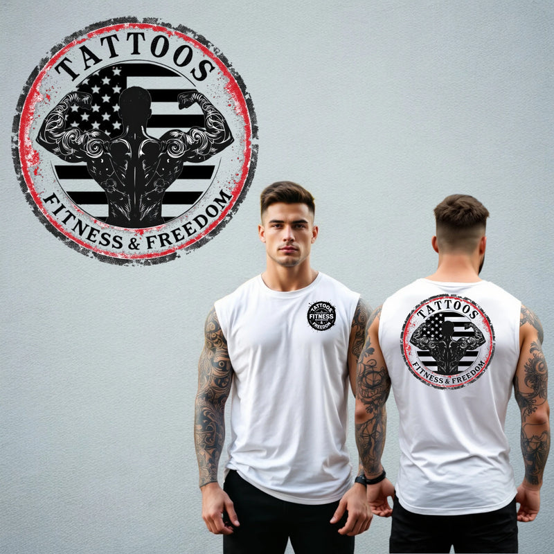Tattooed Guy Flexing With The American Flag. - TATTOOS FITNESS & FREEDOM LLC