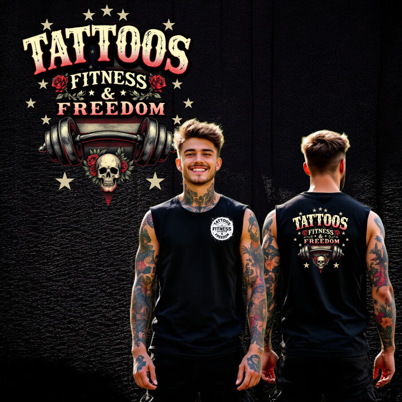 American Flag With A Barbell and a Skull. - TATTOOS FITNESS & FREEDOM LLC