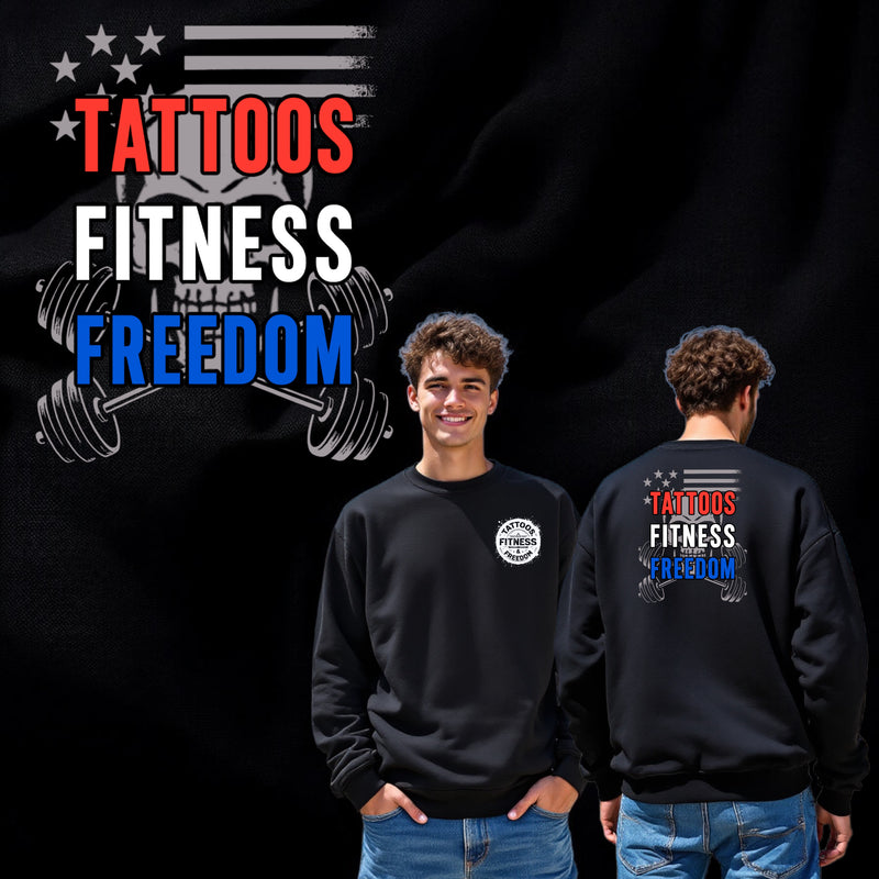 Black sweatshirt featuring tattoos, fitness, and freedom graphics, modeled by a young man in outdoor setting.