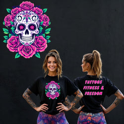 Women's Sugar Skull With Roses. - TATTOOS FITNESS & FREEDOM LLC