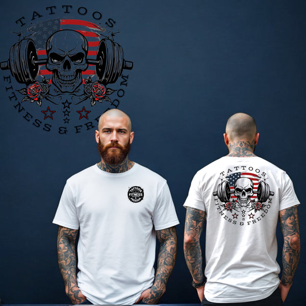 A Skull With an American Flag, a Dumbbell, Roses and Stars. - TATTOOS FITNESS & FREEDOM LLC