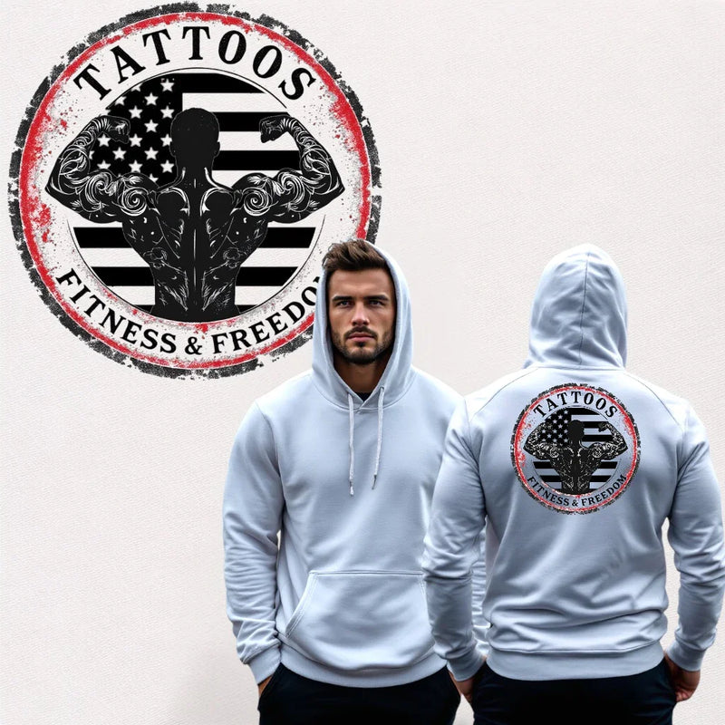 Tattooed Guy Flexing With The American Flag. - TATTOOS FITNESS & FREEDOM LLC