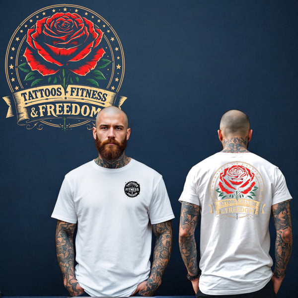 Large Rose With a Tattoos Fitness & Freedom Banner. - TATTOOS FITNESS & FREEDOM LLC