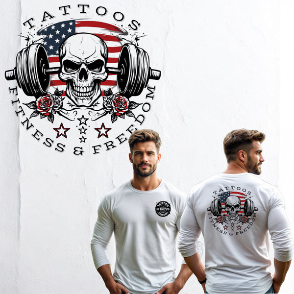 A Skull With an American Flag, a Dumbbell, Roses and Stars. - TATTOOS FITNESS & FREEDOM LLC