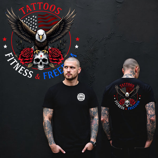 Flying Eagle With an American Flag, Skull and Roses. - TATTOOS FITNESS & FREEDOM LLC