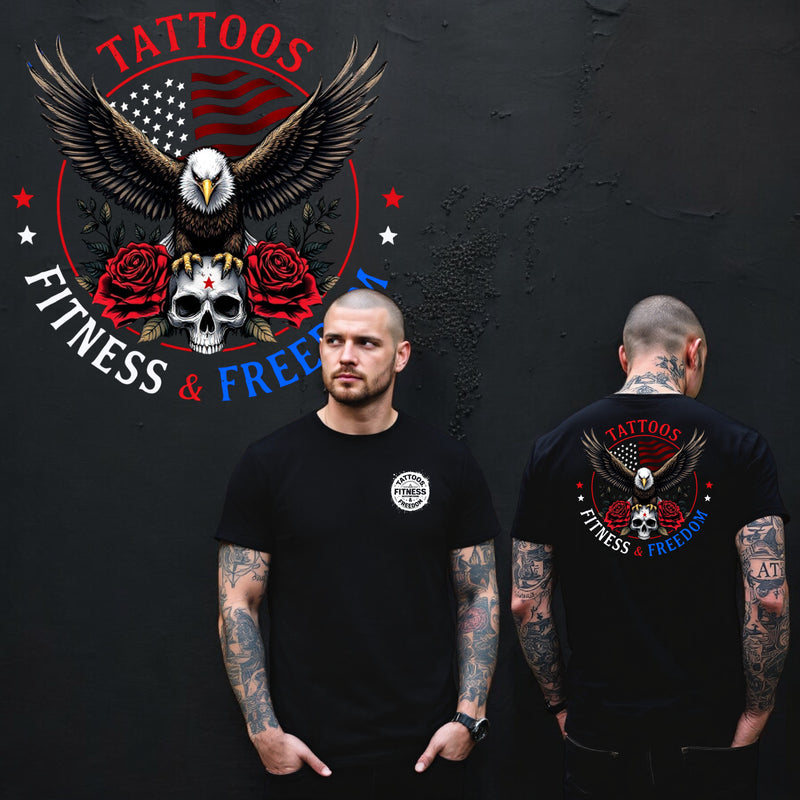 Flying Eagle With an American Flag, Skull and Roses. - TATTOOS FITNESS & FREEDOM LLC