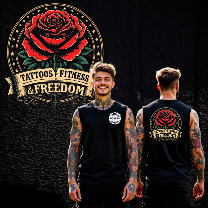 Large Rose With a Tattoos Fitness & Freedom Banner. - TATTOOS FITNESS & FREEDOM LLC