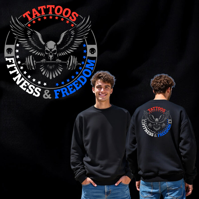 Skull Eagle With a Barbell and Red, white and Blue Logo. - TATTOOS FITNESS & FREEDOM LLC