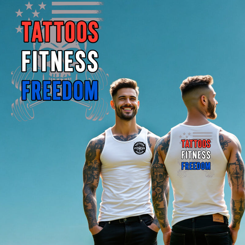 Man wearing a white tank top featuring 'Tattoos, Fitness, Freedom' text, showcasing fitness-inspired style.