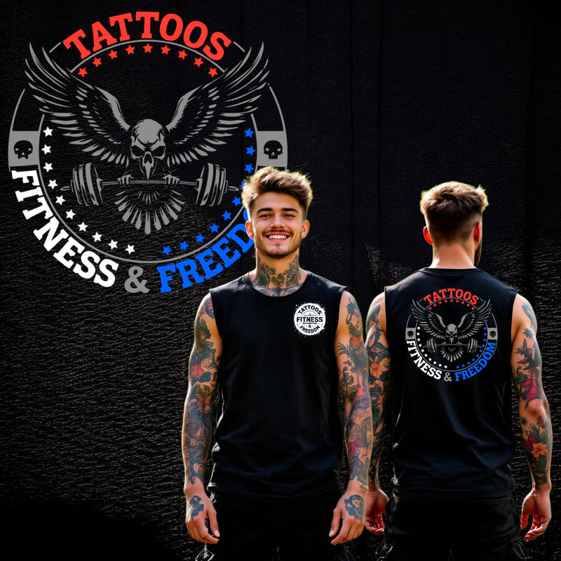 Skull Eagle With a Barbell and Red, white and Blue Logo. - TATTOOS FITNESS & FREEDOM LLC