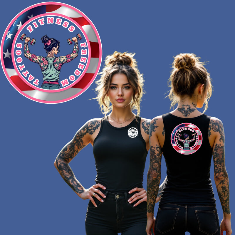 Women's Shoulder Press Girl With an American Flag. - TATTOOS FITNESS & FREEDOM LLC