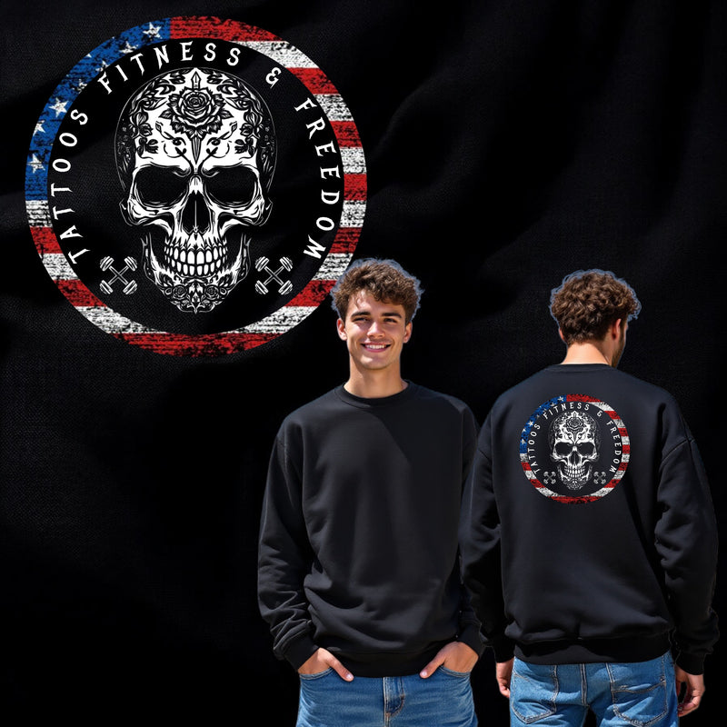 Sugar Skull With an American Flag Circle and Dumbbells. - TATTOOS FITNESS & FREEDOM LLC