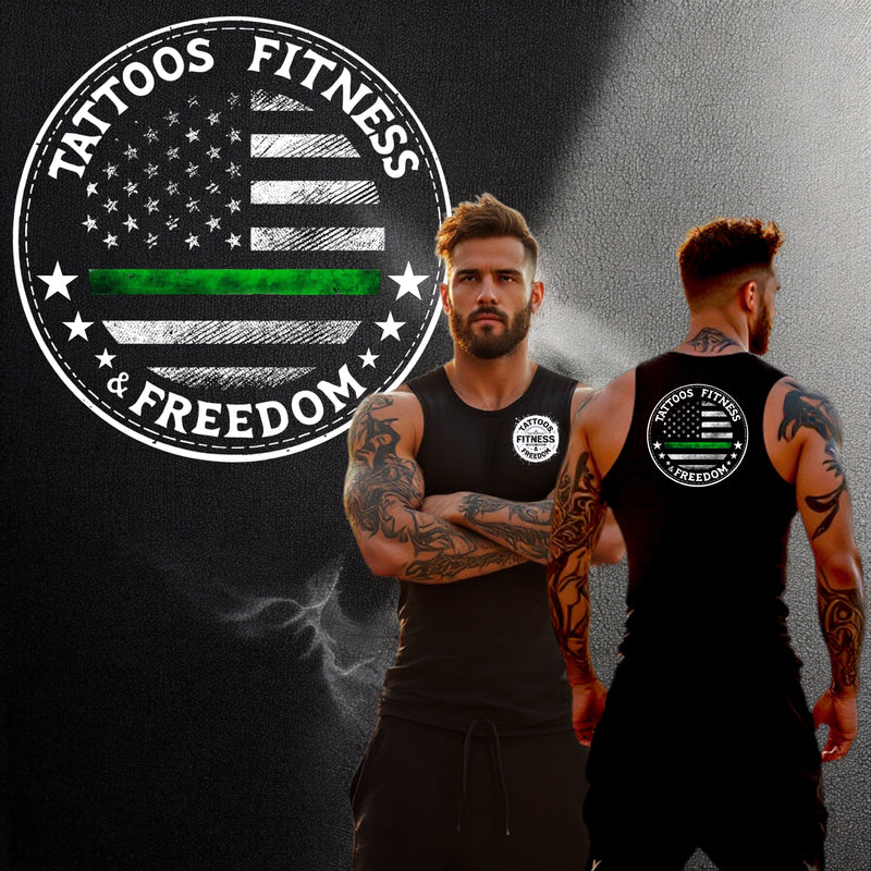 Man wearing a tank top showcasing a tattoo design with an American flag and green line symbolizing support and freedom.