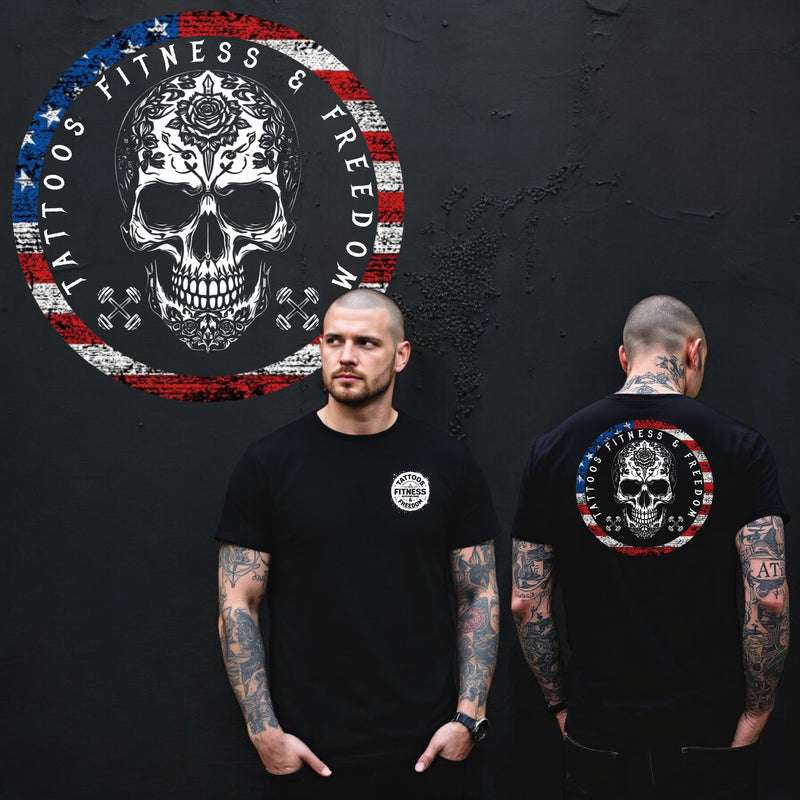 Sugar Skull With an American Flag Circle and Dumbbells. - TATTOOS FITNESS & FREEDOM LLC