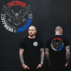 Skull Eagle With a Barbell and Red, white and Blue Logo. - TATTOOS FITNESS & FREEDOM LLC