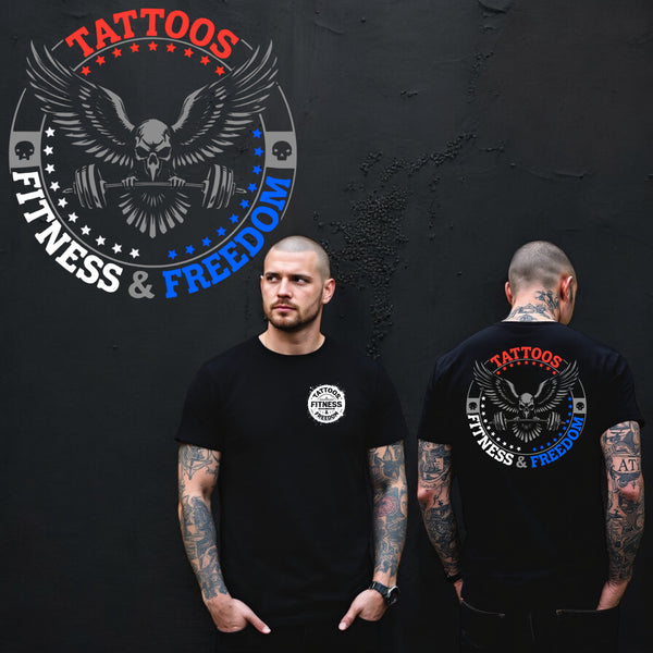 Skull Eagle With a Barbell and Red, white and Blue Logo. - TATTOOS FITNESS & FREEDOM LLC