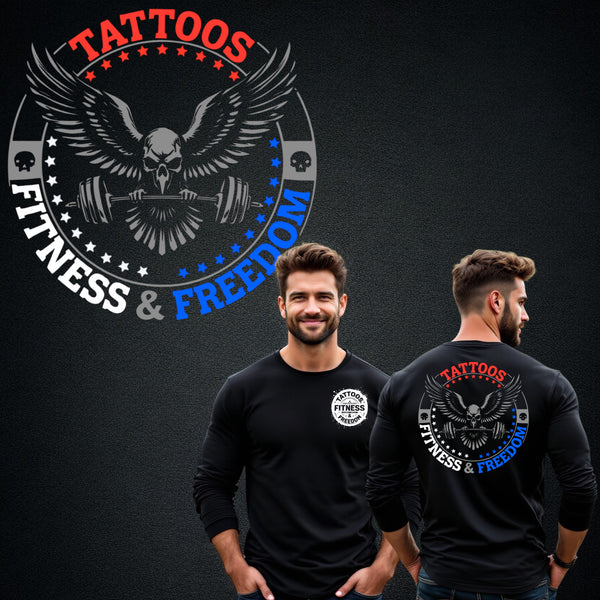 Skull Eagle With a Barbell and Red, white and Blue Logo. - TATTOOS FITNESS & FREEDOM LLC
