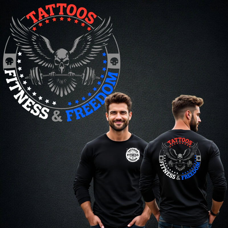 Skull Eagle With a Barbell and Red, white and Blue Logo. - TATTOOS FITNESS & FREEDOM LLC