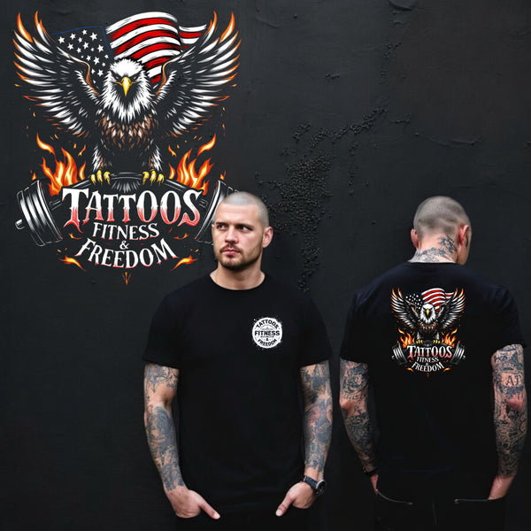 Eagle With the American Flag and a Barbell on Fire. - TATTOOS FITNESS & FREEDOM LLC