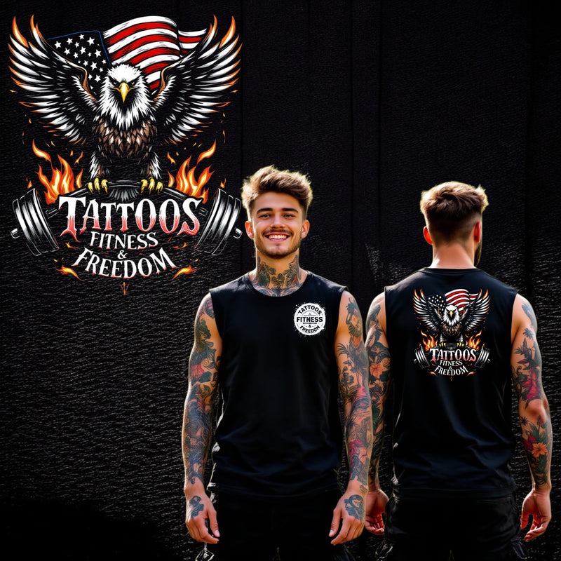 Eagle With the American Flag and a Barbell on Fire. - TATTOOS FITNESS & FREEDOM LLC
