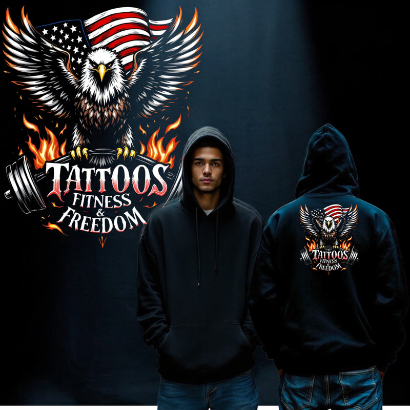 Eagle With the American Flag and a Barbell on Fire. - TATTOOS FITNESS & FREEDOM LLC