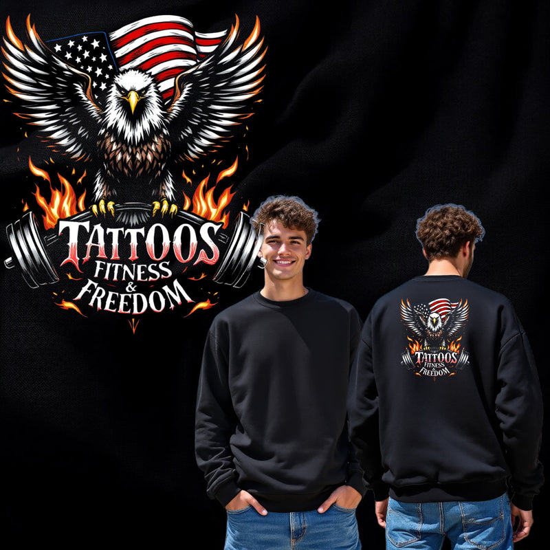Eagle With the American Flag and a Barbell on Fire. - TATTOOS FITNESS & FREEDOM LLC