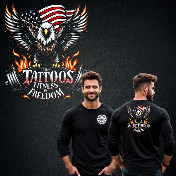 Eagle With the American Flag and a Barbell on Fire. - TATTOOS FITNESS & FREEDOM LLC