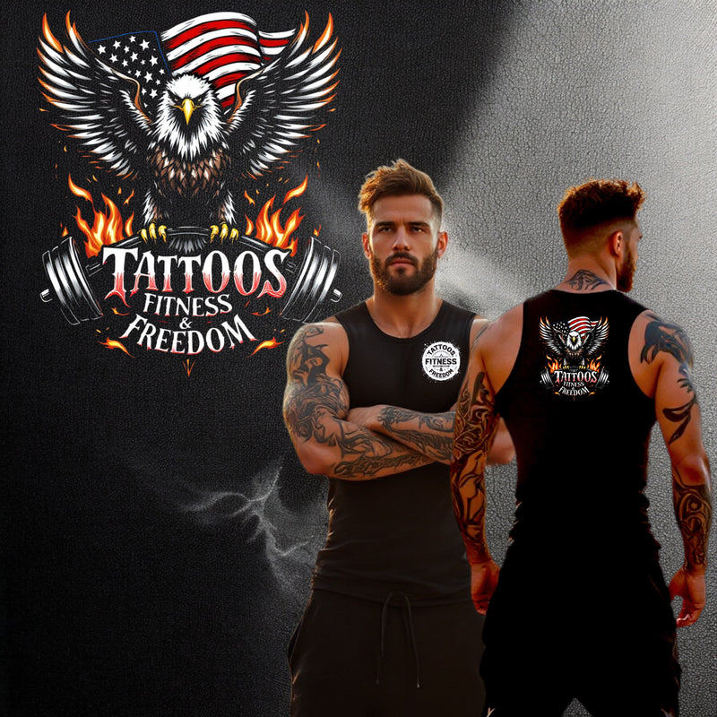Eagle With the American Flag and a Barbell on Fire. - TATTOOS FITNESS & FREEDOM LLC